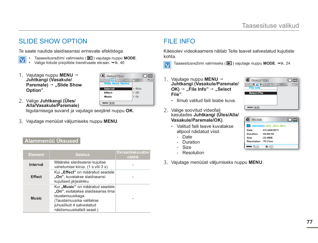 Samsung SMX-F50BP/EDC, SMX-F54BP/EDC manual Slide Show Option, File Info, Paremale „Slide Show, Valige Juhtkangi Üles 