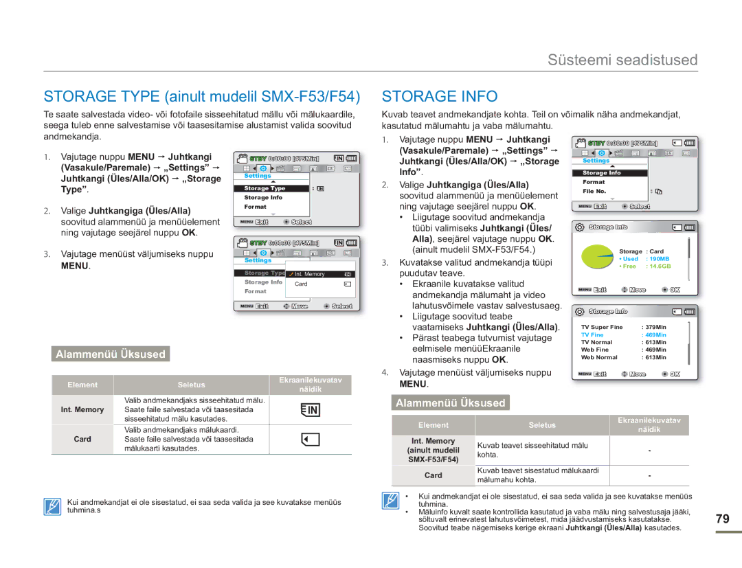 Samsung SMX-F50BP/EDC, SMX-F54BP/EDC manual Storage Type ainult mudelil SMX-F53/F54, Storage Info 