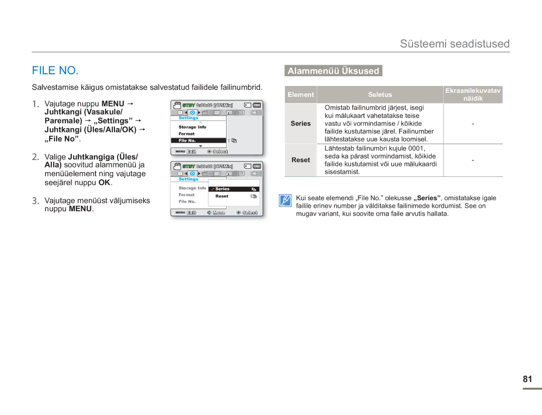 Samsung SMX-F50BP/EDC, SMX-F54BP/EDC manual File no, Element Seletus Ekraanilekuvatav, Series, Reset 