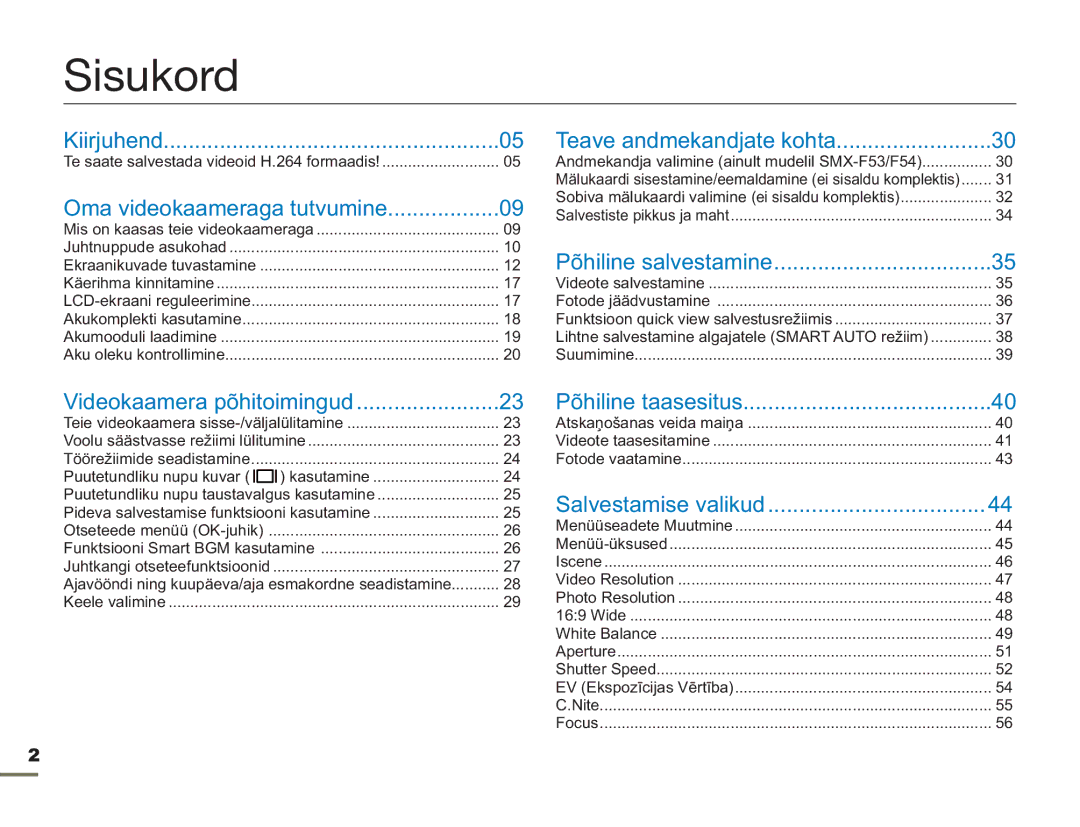 Samsung SMX-F54BP/EDC manual Sisukord, Oma videokaameraga tutvumine, Videokaamera põhitoimingud, Puutetundliku nupu kuvar 