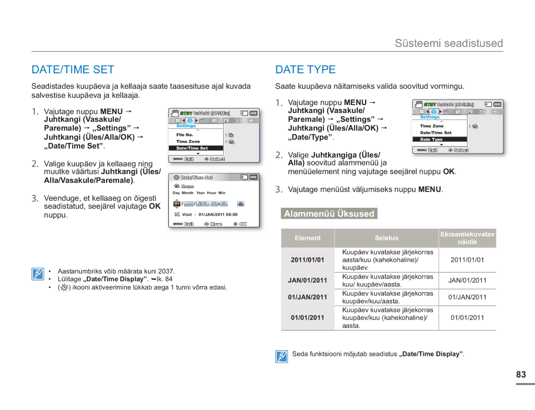 Samsung SMX-F50BP/EDC manual Date/Time Set, Date Type, Saate kuupäeva näitamiseks valida soovitud vormingu, „Date/Type 