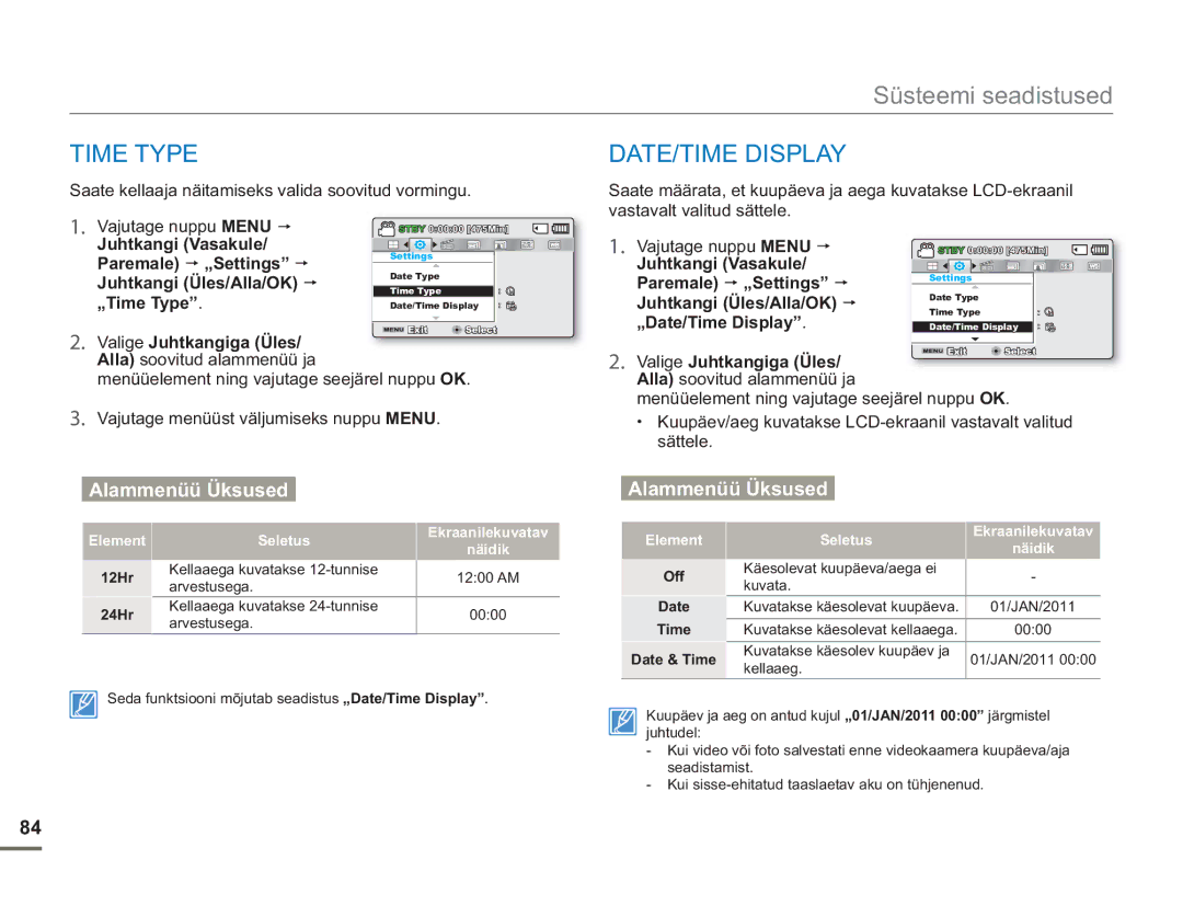 Samsung SMX-F54BP/EDC, SMX-F50BP/EDC Time Type, DATE/TIME Display, Saate kellaaja näitamiseks valida soovitud vormingu 