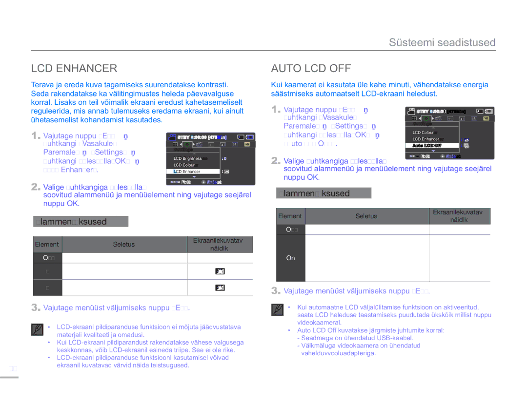 Samsung SMX-F54BP/EDC, SMX-F50BP/EDC LCD Enhancer Auto LCD OFF, „Auto LCD Off, „LCD Enhancer, Valige Juhtkangiga Üles/Alla 