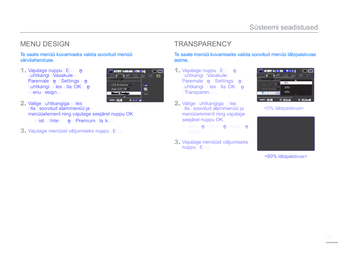 Samsung SMX-F50BP/EDC manual Menu Design Transparency, „Transparency, „Misty White „Premium Black, „0% „20% „40%, „60% 