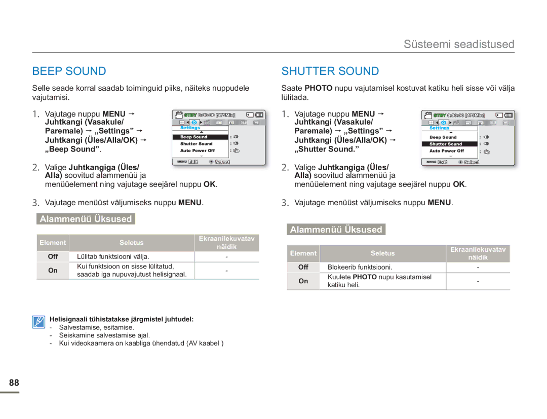 Samsung SMX-F54BP/EDC, SMX-F50BP/EDC manual „Beep Sound, „Shutter Sound 