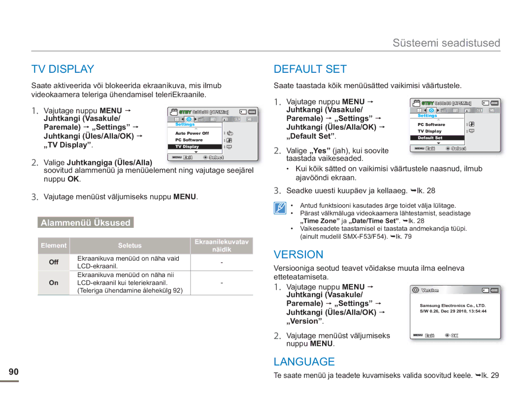 Samsung SMX-F54BP/EDC, SMX-F50BP/EDC manual TV Display, Default SET, Version, Language 