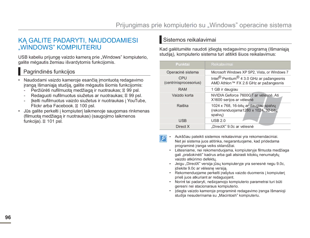 Samsung SMX-F54BP/EDC KĄ Galite PADARYTI, Naudodamiesi „WINDOWS Kompiuteriu, Sistemos reikalavimai, Pagrindinės funkcijos 