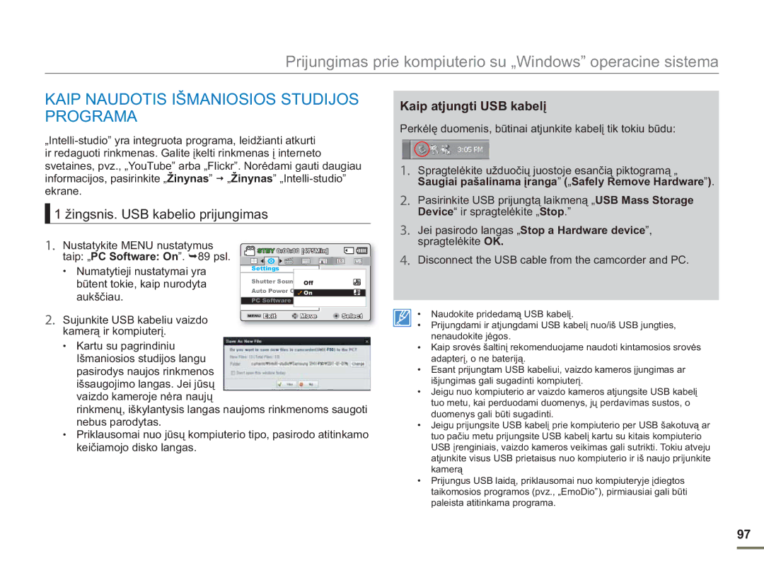 Samsung SMX-F50BP/EDC, SMX-F54BP/EDC manual Kaip Naudotis Išmaniosios Studijos Programa, Žingsnis. USB kabelio prijungimas 