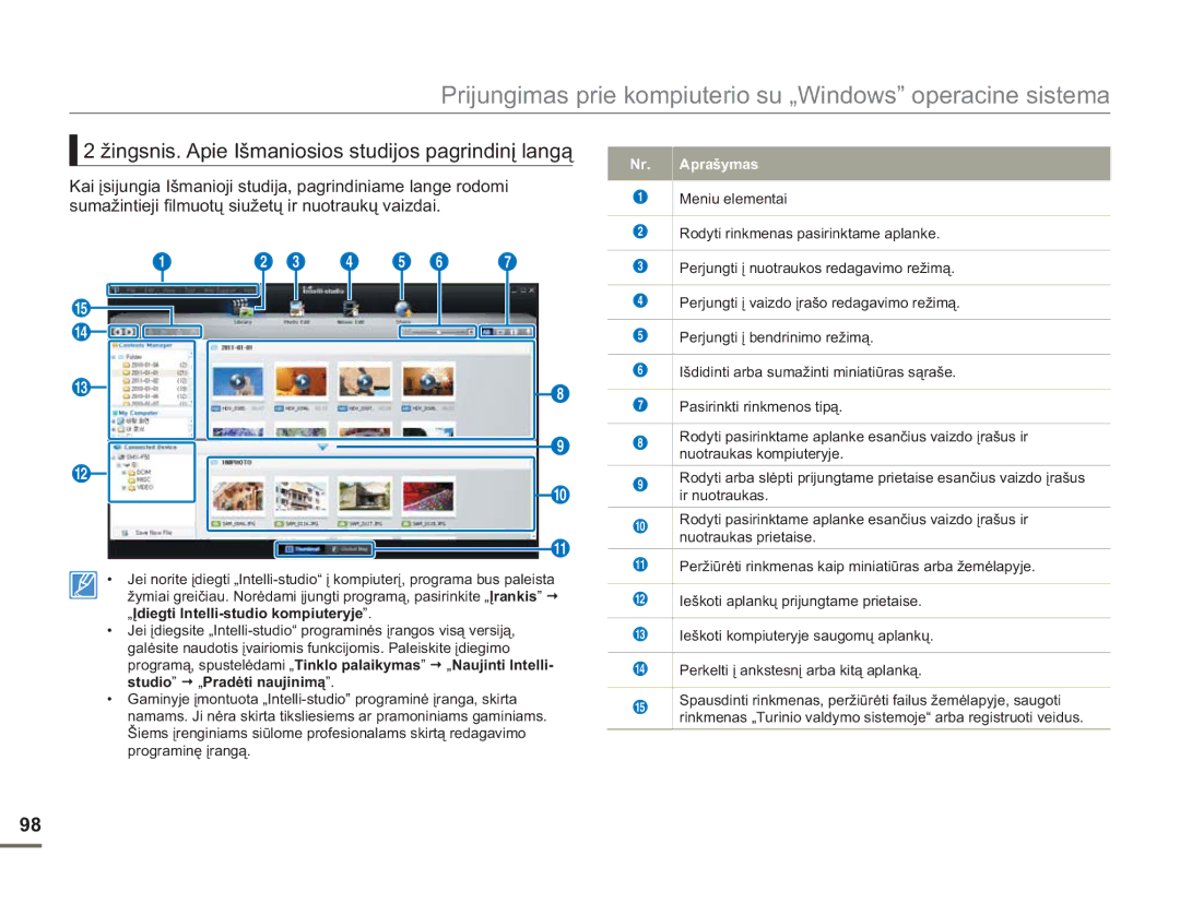 Samsung SMX-F54BP/EDC, SMX-F50BP/EDC manual Žingsnis. Apie Išmaniosios studijos pagrindinį langą, Nr. Aprašymas 