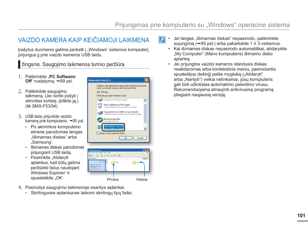 Samsung SMX-F50BP/EDC manual Vaizdo Kamera Kaip Keičiamoji Laikmena, Žingsnis. Saugojimo laikmenos turinio peržiūra, 101 