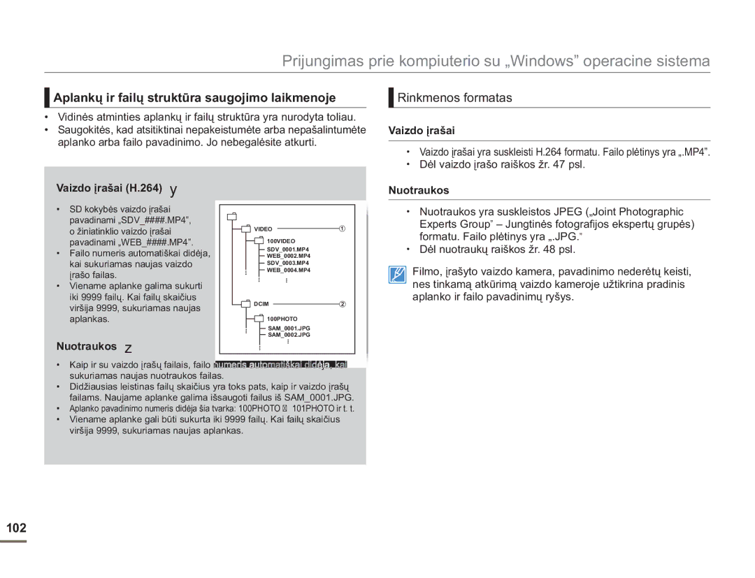 Samsung SMX-F54BP/EDC, SMX-F50BP/EDC manual Aplankų ir failų struktūra saugojimo laikmenoje, Rinkmenos formatas, 102 