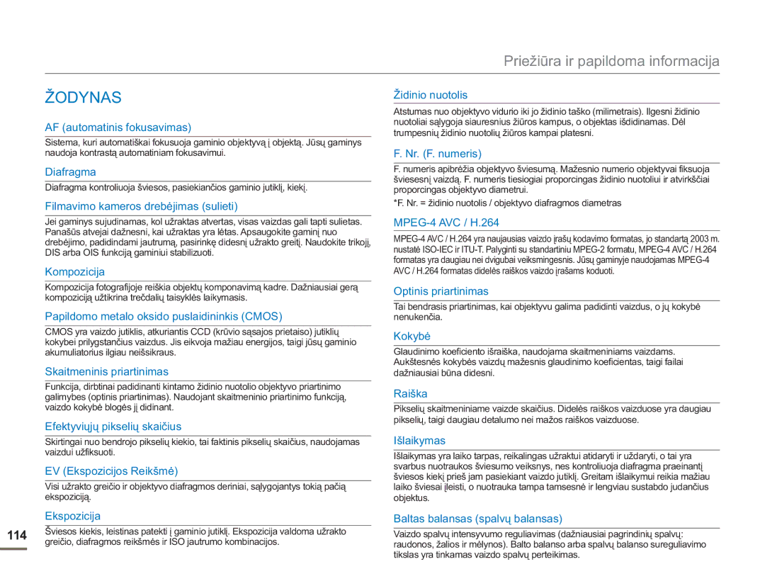 Samsung SMX-F54BP/EDC, SMX-F50BP/EDC manual Žodynas, AF automatinis fokusavimas 