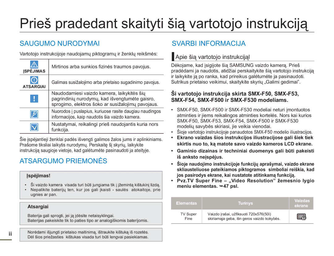 Samsung SMX-F50BP/EDC manual Prieš pradedant skaityti šią vartotojo instrukciją, Saugumo Nurodymai Svarbi Informacija 