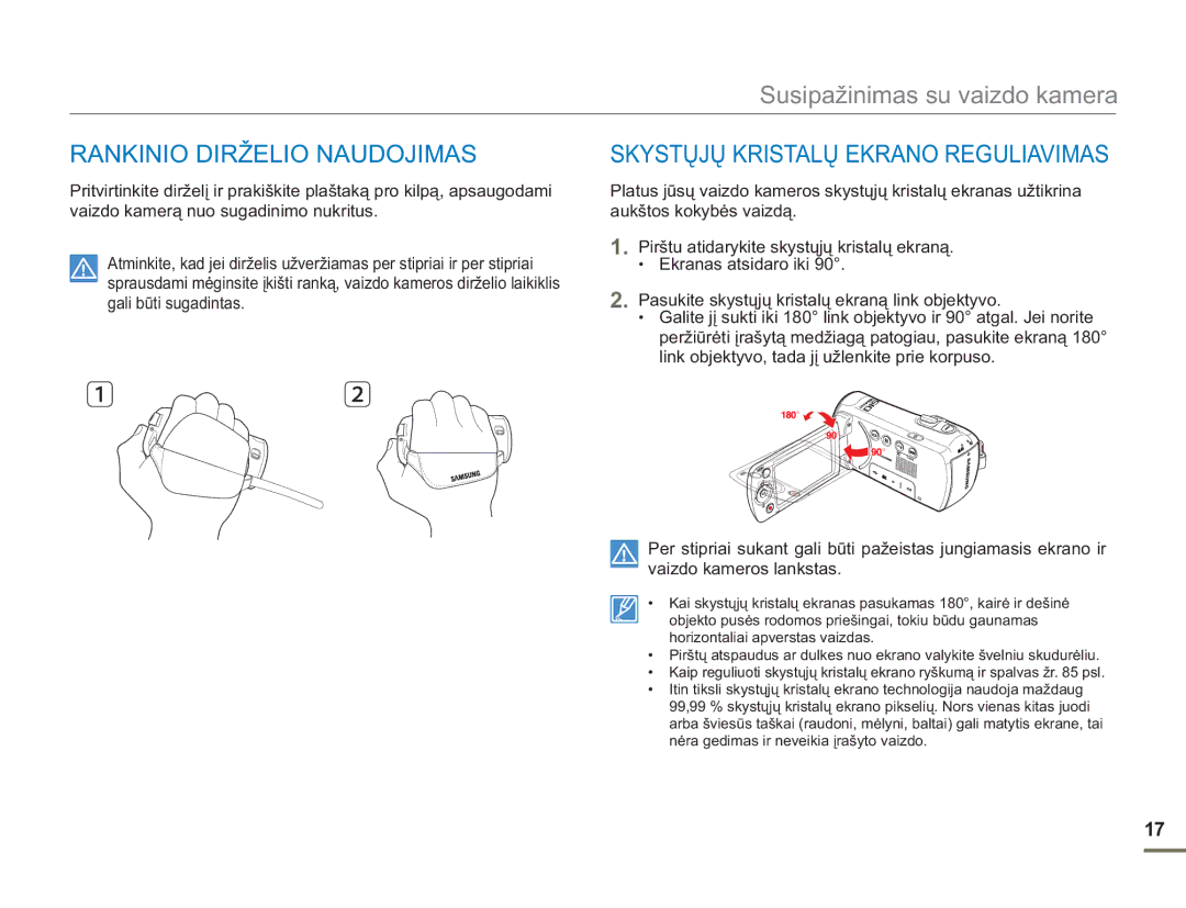 Samsung SMX-F50BP/EDC, SMX-F54BP/EDC manual Rankinio Dirželio Naudojimas, Skystųjų Kristalų Ekrano Reguliavimas 