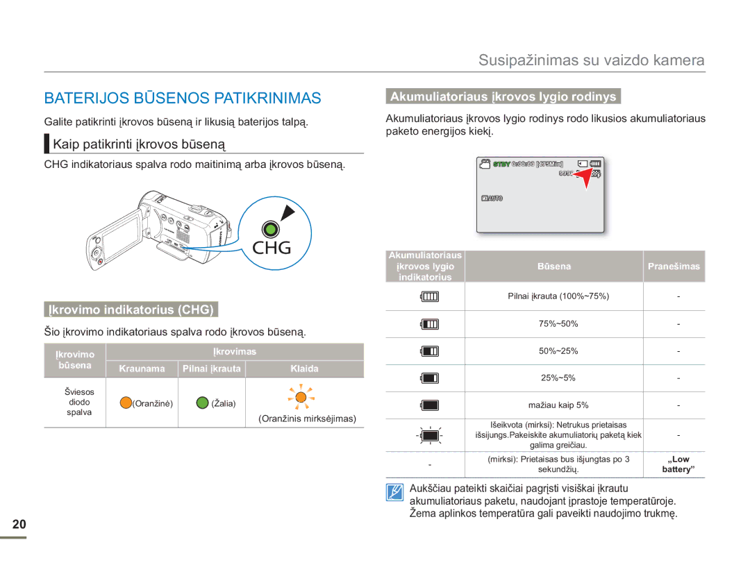 Samsung SMX-F54BP/EDC manual Baterijos Būsenos Patikrinimas, Kaip patikrinti įkrovos būseną, Įkrovimo indikatorius CHG 