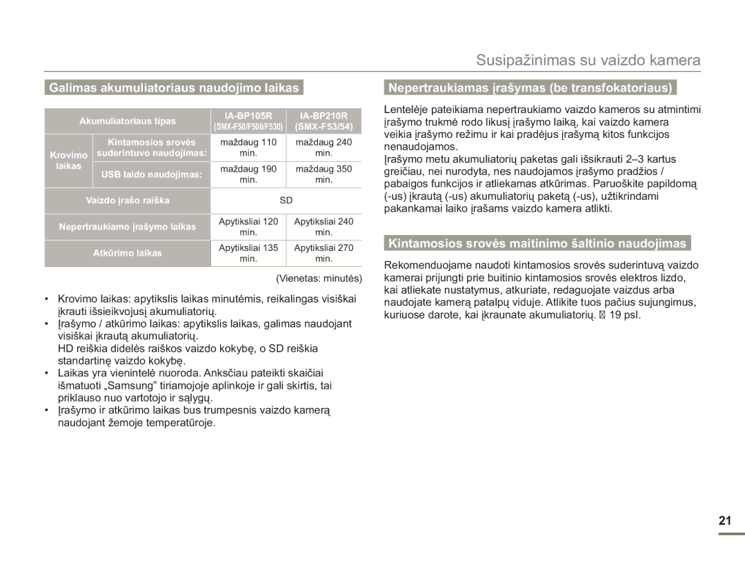 Samsung SMX-F50BP/EDC manual Galimas akumuliatoriaus naudojimo laikas, Nepertraukiamas įrašymas be transfokatoriaus 