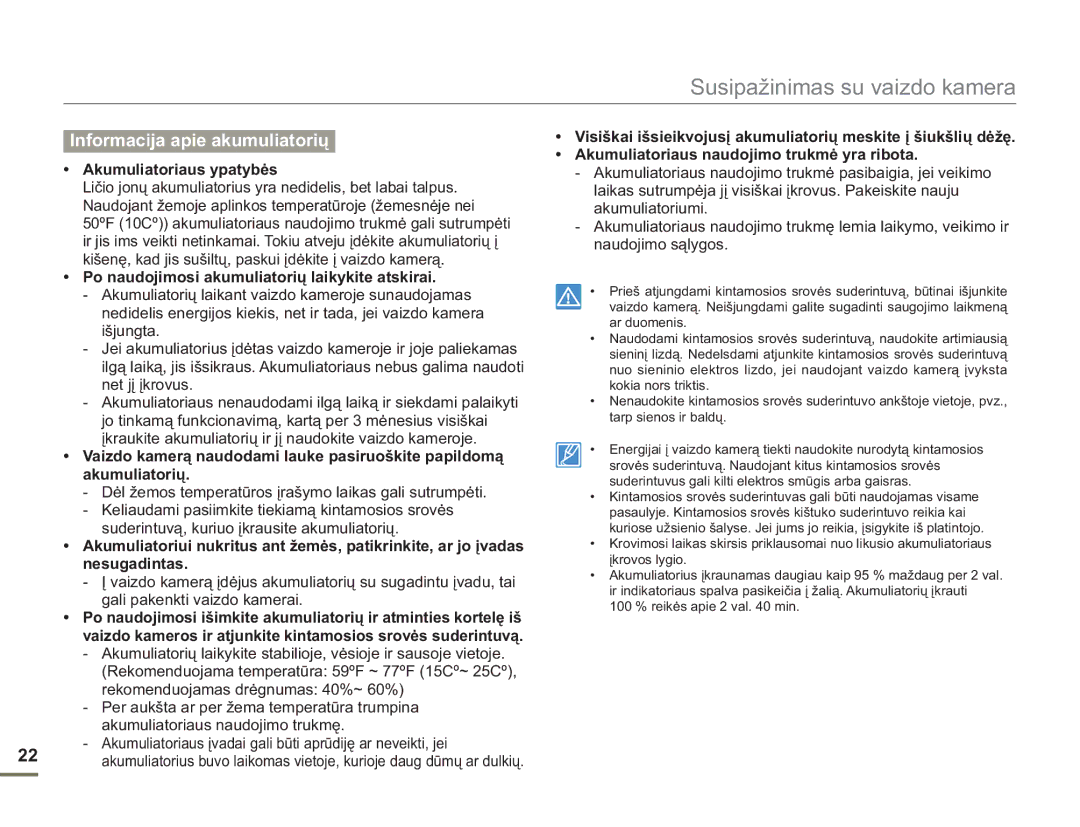 Samsung SMX-F54BP/EDC, SMX-F50BP/EDC manual Informacija apie akumuliatorių, Akumuliatoriaus ypatybės 