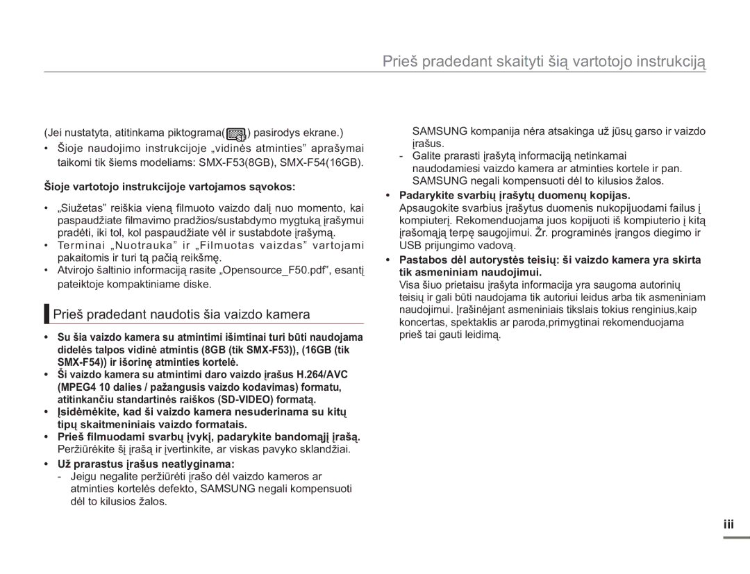 Samsung SMX-F54BP/EDC Prieš pradedant naudotis šia vaizdo kamera, Iii, Šioje vartotojo instrukcijoje vartojamos sąvokos 