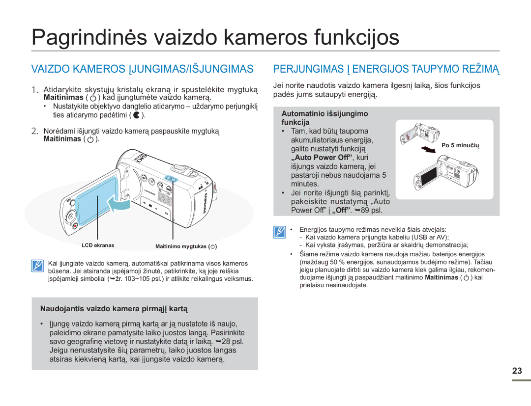 Samsung SMX-F50BP/EDC, SMX-F54BP/EDC manual Pagrindinės vaizdo kameros funkcijos, Vaizdo Kameros ĮJUNGIMAS/IŠJUNGIMAS 