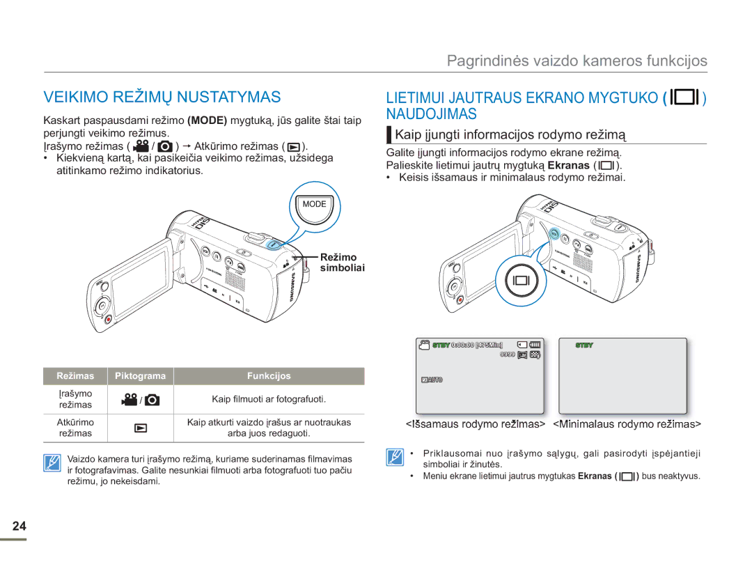 Samsung SMX-F54BP/EDC manual Veikimo Režimų Nustatymas, Lietimui Jautraus Ekrano Mygtuko Naudojimas, Režimo simboliai 