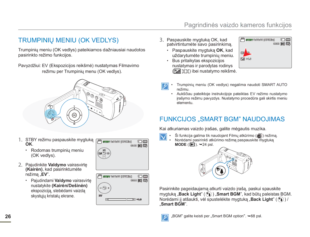 Samsung SMX-F54BP/EDC, SMX-F50BP/EDC Trumpinių Meniu OK Vedlys, Funkcijos „SMART BGM Naudojimas, Ibei nustatymo reikšmė 