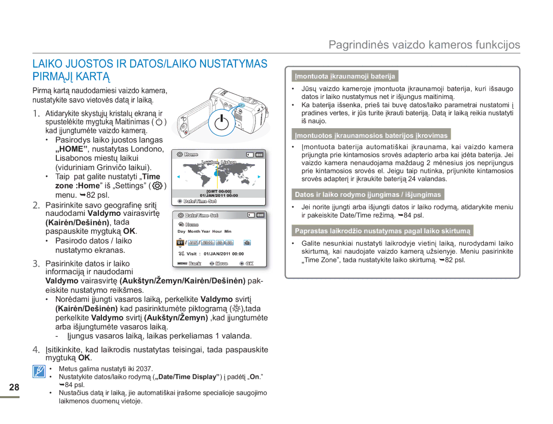 Samsung SMX-F54BP/EDC, SMX-F50BP/EDC manual Laiko Juostos IR DATOS/LAIKO Nustatymas Pirmąjį Kartą, Kairėn/Dešinėn , tada 