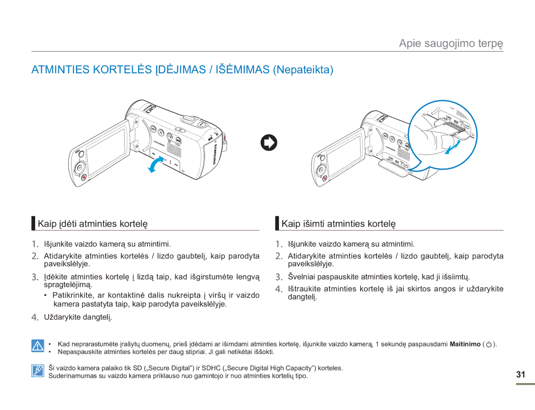 Samsung SMX-F50BP/EDC, SMX-F54BP/EDC manual Atminties Kortelės Įdėjimas / Išėmimas Nepateikta, Kaip įdėti atminties kortelę 