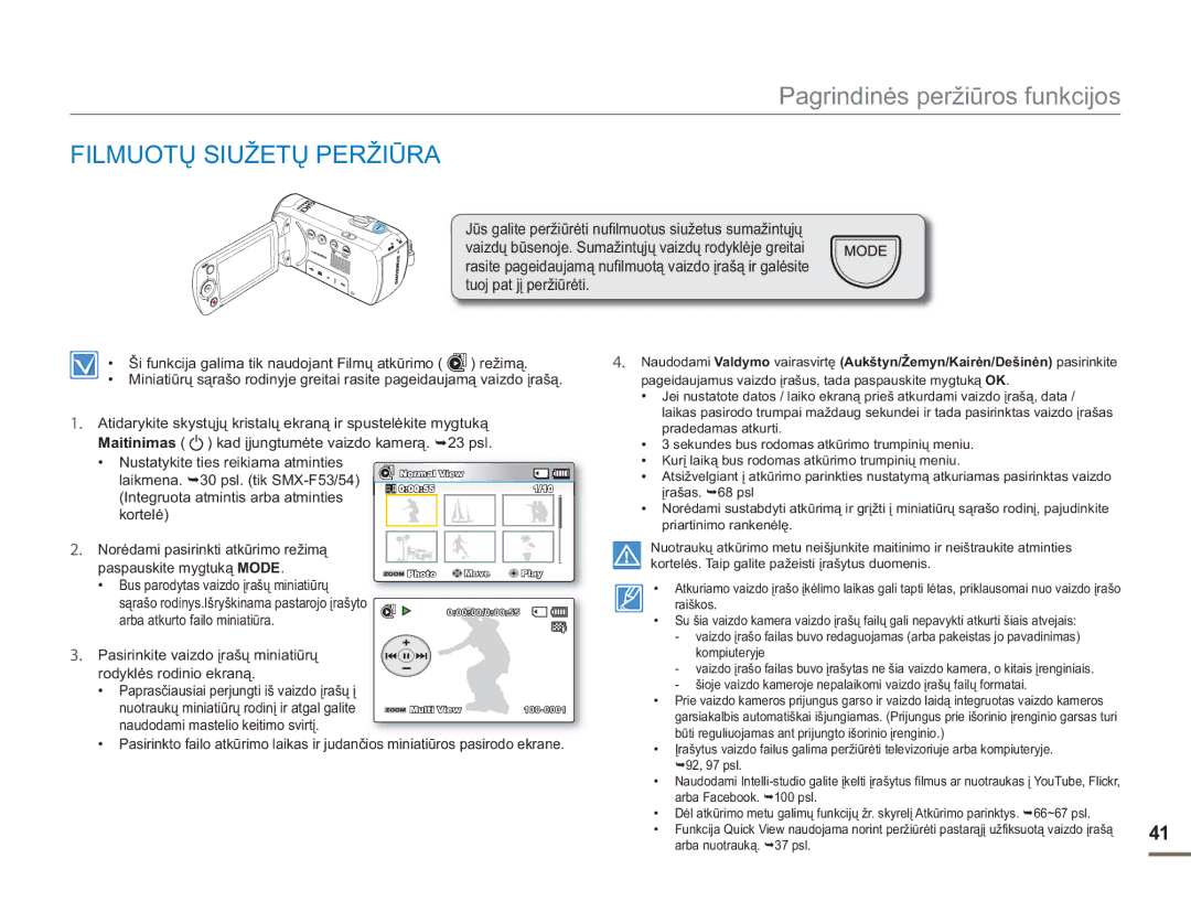 Samsung SMX-F50BP/EDC, SMX-F54BP/EDC manual Filmuotų Siužetų Peržiūra, Maitinimas 