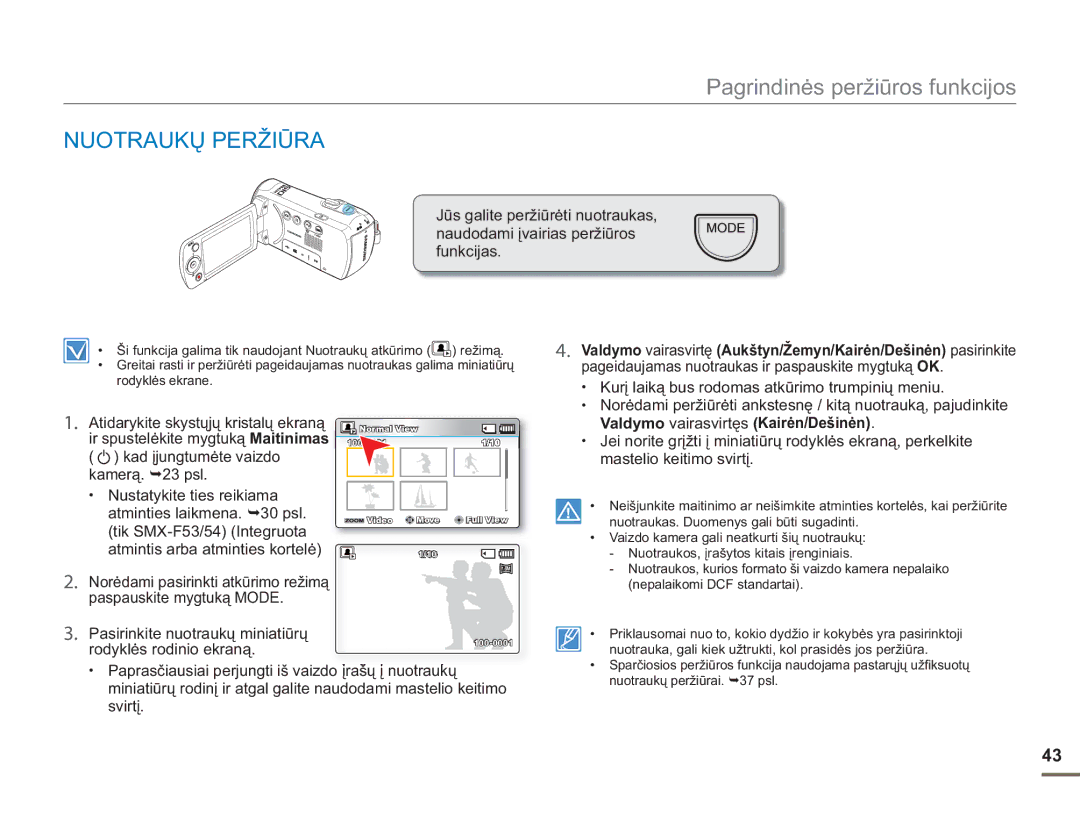 Samsung SMX-F50BP/EDC, SMX-F54BP/EDC manual Nuotraukų Peržiūra, Valdymo vairasvirtęs Kairėn/Dešinėn 