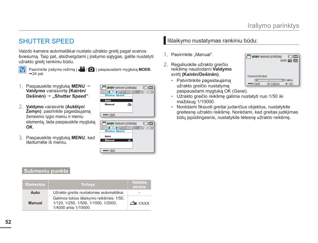 Samsung SMX-F54BP/EDC, SMX-F50BP/EDC manual Shutter Speed, Išlaikymo nustatymas rankiniu būdu, Patvirtinkite pageidaujamą 