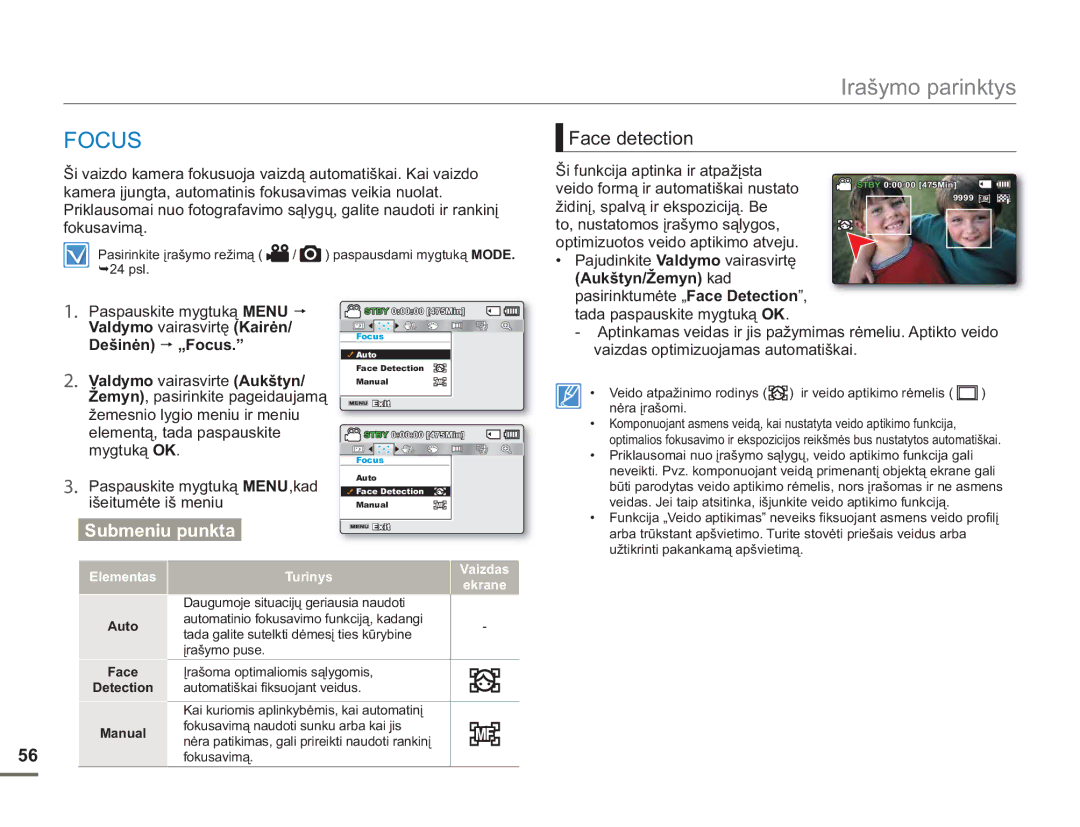 Samsung SMX-F54BP/EDC, SMX-F50BP/EDC manual Focus, Face detection 