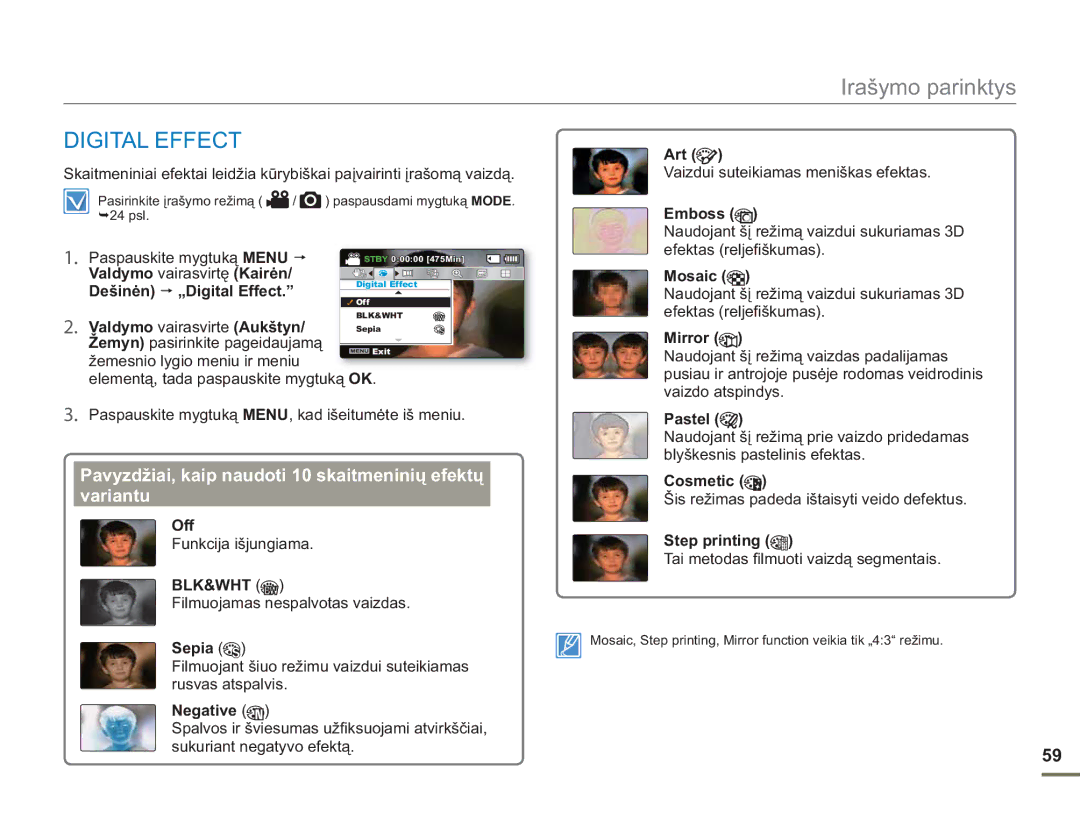 Samsung SMX-F50BP/EDC, SMX-F54BP/EDC manual Digital Effect, Pavyzdžiai, kaip naudoti 10 skaitmeninių efektų Variantu 