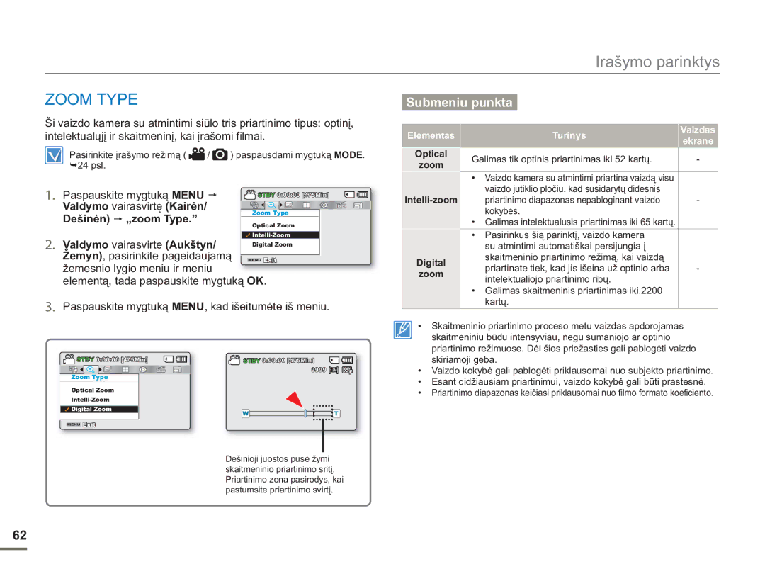 Samsung SMX-F54BP/EDC, SMX-F50BP/EDC manual Zoom Type, Dešinėn „zoom Type, Optical Zoom Intelli-zoom Digital 