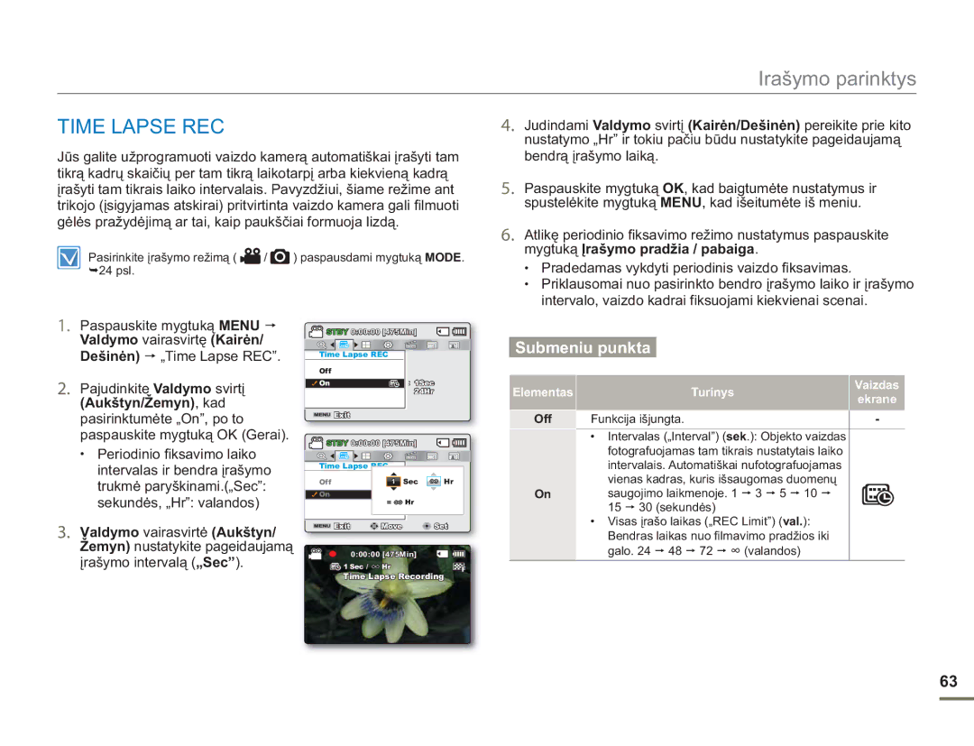Samsung SMX-F50BP/EDC, SMX-F54BP/EDC manual Time Lapse REC, Aukštyn/Žemyn, kad, Valdymo vairasvirtė Aukštyn 