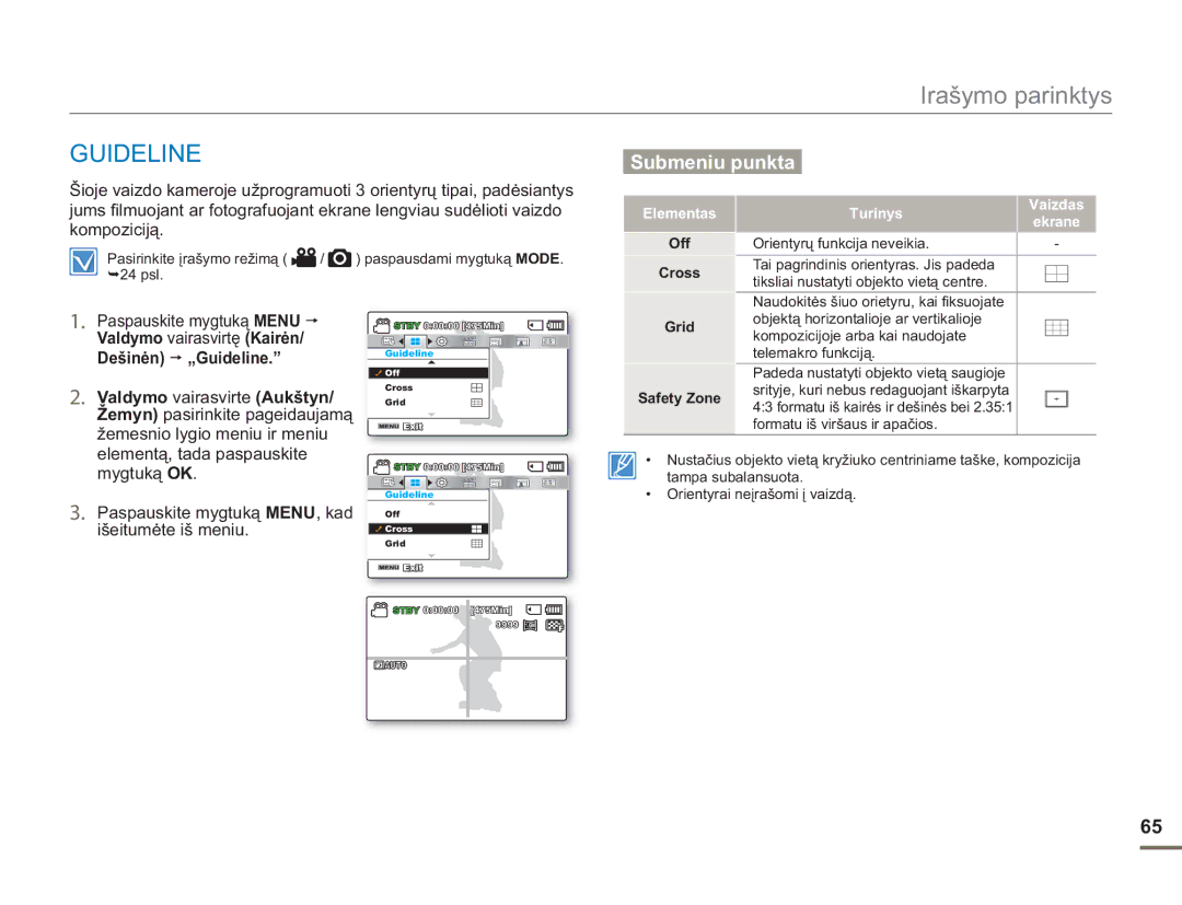 Samsung SMX-F50BP/EDC, SMX-F54BP/EDC manual Guideline, Išeitumėte iš meniu, Off Cross Grid, Safety Zone 