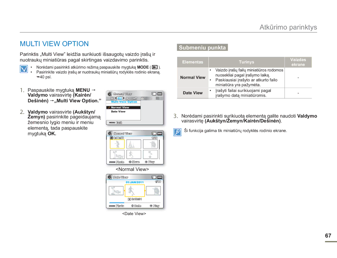 Samsung SMX-F50BP/EDC, SMX-F54BP/EDC manual Dešinėn „Multi View Option, Normal View Date View 