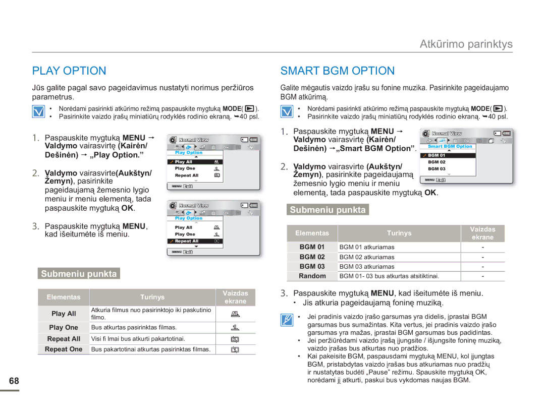 Samsung SMX-F54BP/EDC, SMX-F50BP/EDC manual Play Option Smart BGM Option 