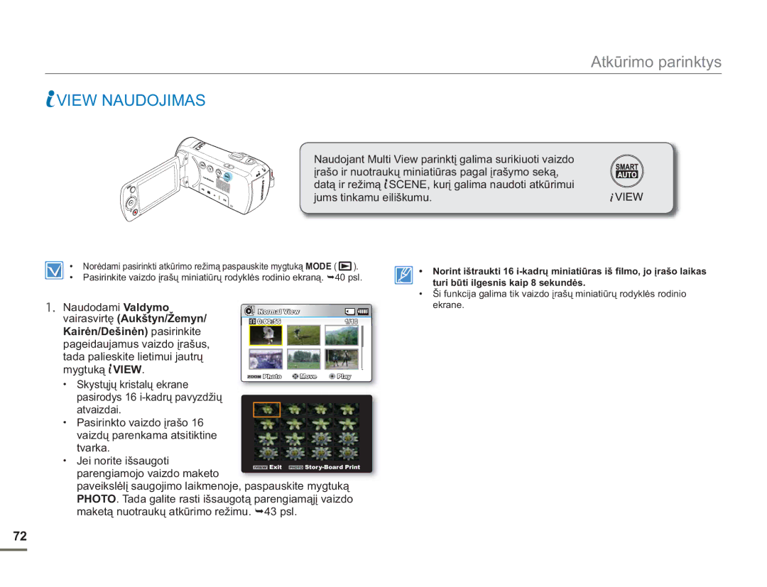 Samsung SMX-F54BP/EDC manual View Naudojimas, Naudodami Valdymo, Vairasvirtę Aukštyn/Žemyn, Kairėn/Dešinėn pasirinkite 