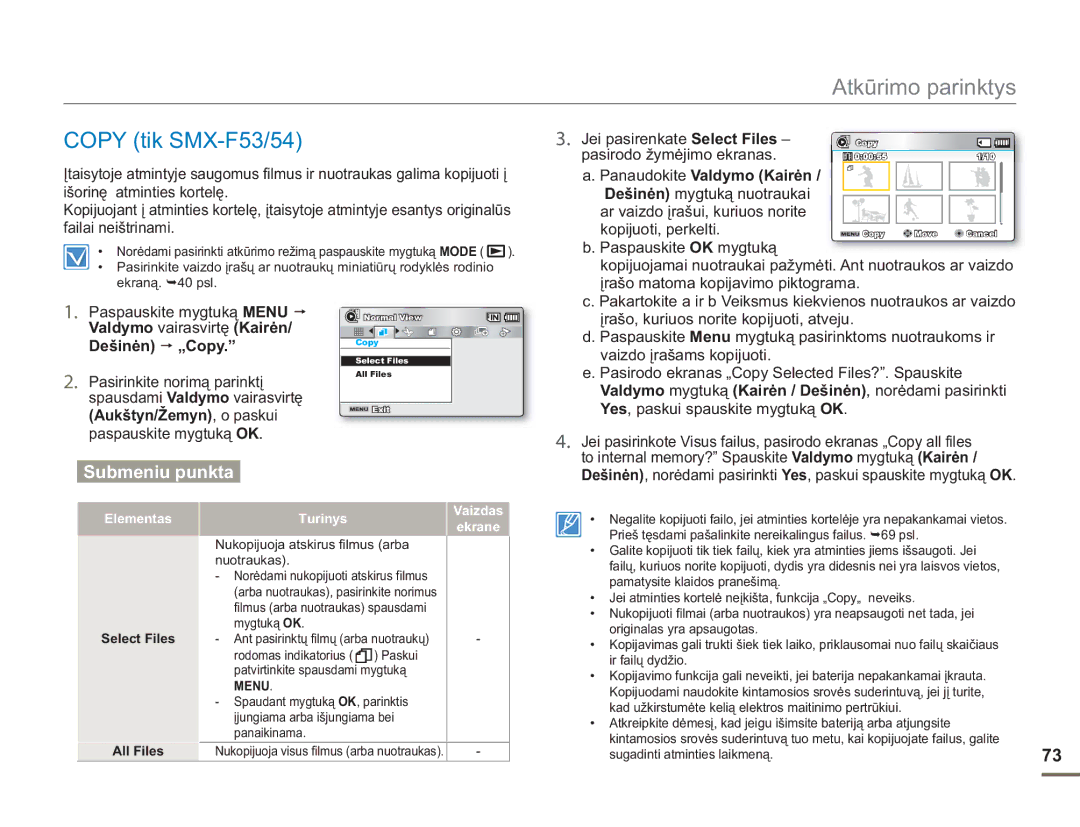 Samsung SMX-F50BP/EDC, SMX-F54BP/EDC manual Copy tik SMX-F53/54, Panaudokite Valdymo Kairėn 