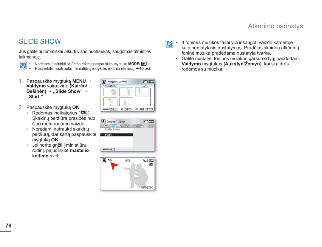 Samsung SMX-F54BP/EDC, SMX-F50BP/EDC manual Dešinėn „Slide Show „Start 