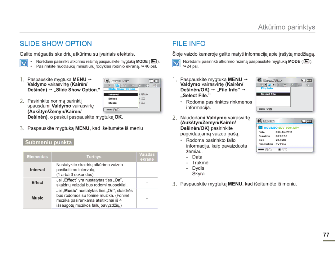 Samsung SMX-F50BP/EDC File Info, Valdymo vairasvirtę Kairėn Dešinėn „Slide Show Option, Pasirinkite norimą parinktį 