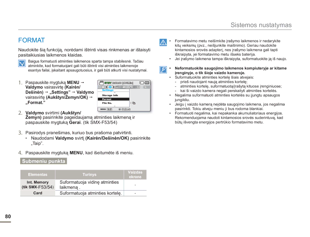 Samsung SMX-F54BP/EDC, SMX-F50BP/EDC manual „Format, Valdymo svirtimi Aukštyn 