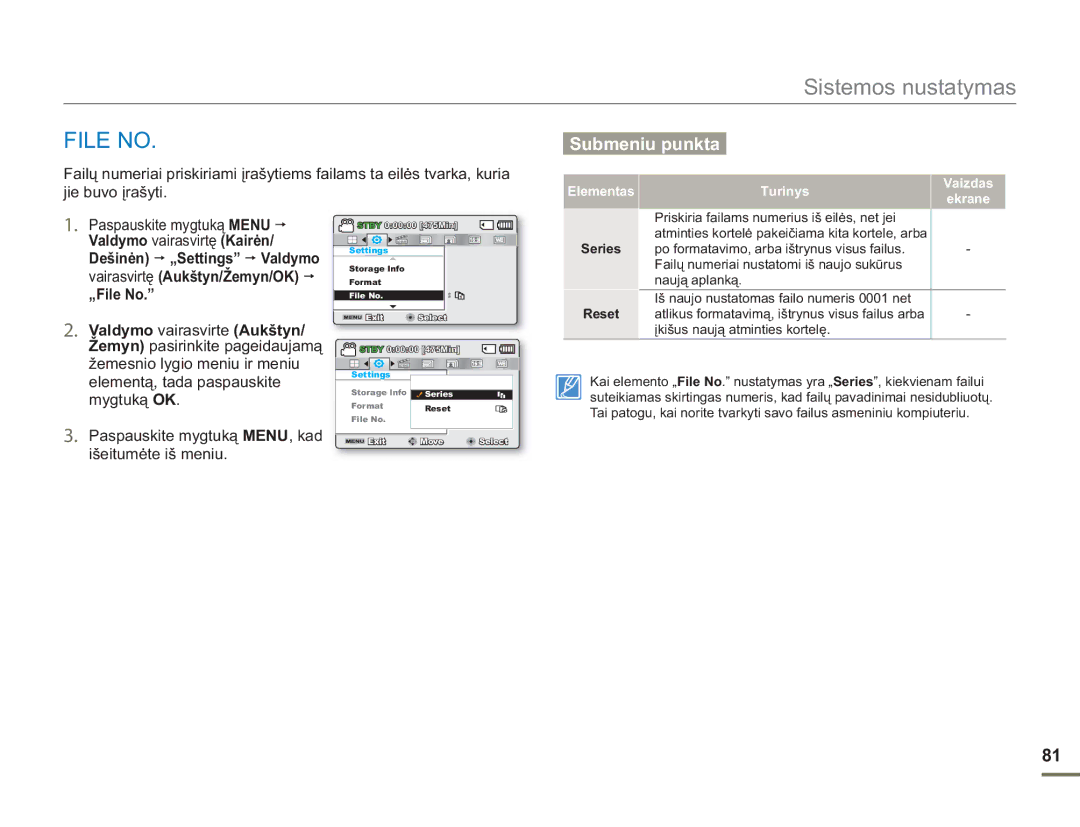 Samsung SMX-F50BP/EDC, SMX-F54BP/EDC manual File no, Jie buvo įrašyti, „File No, Turinys Ekrane 