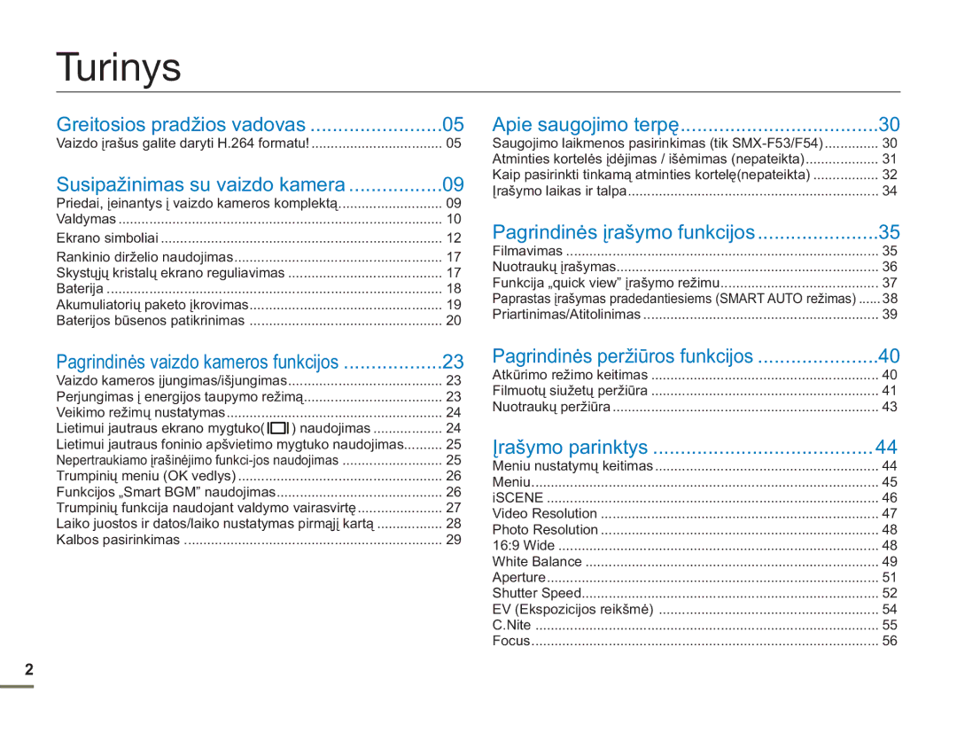 Samsung SMX-F54BP/EDC, SMX-F50BP/EDC manual Turinys, Vaizdo kameros įjungimas/išjungimas, Lietimui jautraus ekrano mygtuko 