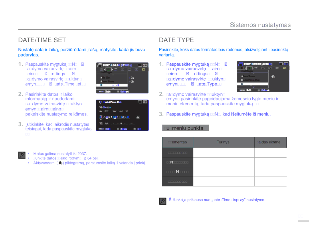 Samsung SMX-F50BP/EDC DATE/TIME SET Date Type, Pasirinkite datos ir laiko informaciją ir naudodami, Žemyn/OK „Date/Type 