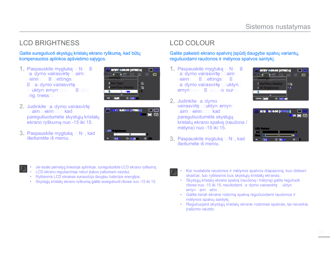 Samsung SMX-F50BP/EDC, SMX-F54BP/EDC manual LCD Brightness LCD Colour, Valdymo vairasvirtę, Aukštyn/Žemyn/OK „LCD Brightness 