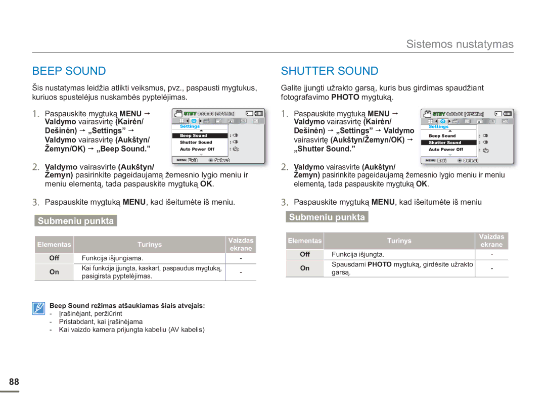 Samsung SMX-F54BP/EDC, SMX-F50BP/EDC manual Žemyn/OK „Beep Sound, „Shutter Sound 