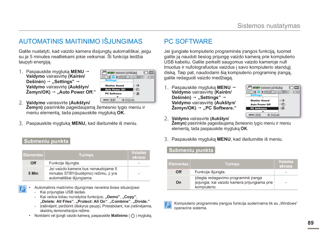 Samsung SMX-F50BP/EDC, SMX-F54BP/EDC manual Automatinis Maitinimo Išjungimas, Žemyn/OK „PC Software 