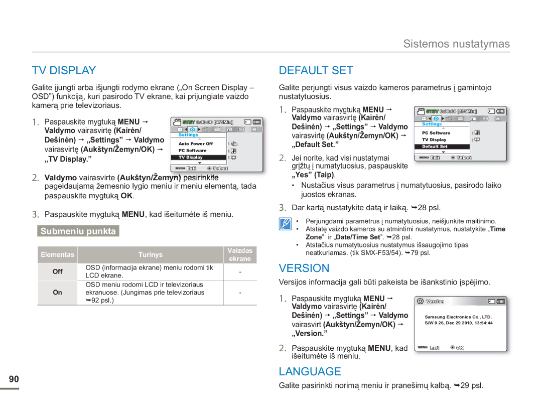 Samsung SMX-F54BP/EDC, SMX-F50BP/EDC manual TV Display, Default SET, Version, Language 