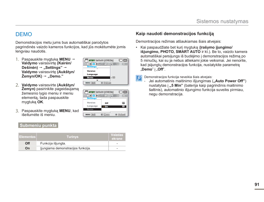 Samsung SMX-F50BP/EDC, SMX-F54BP/EDC manual Kaip naudoti demonstracijos funkciją, „Demo į „Off 